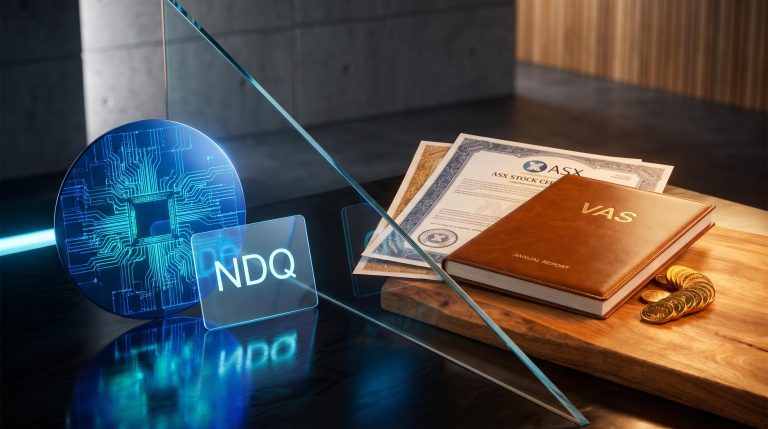 NDQ vs VAS ETFs contrasted as split editorial scene — global tech growth versus ASX income and franking credits