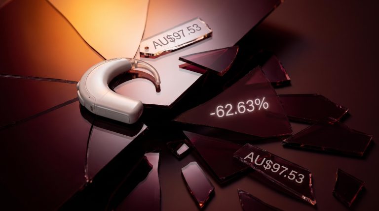 Cochlear implant device amid fractured mirror shards reflecting AU$97.53 price after 62% share price collapse