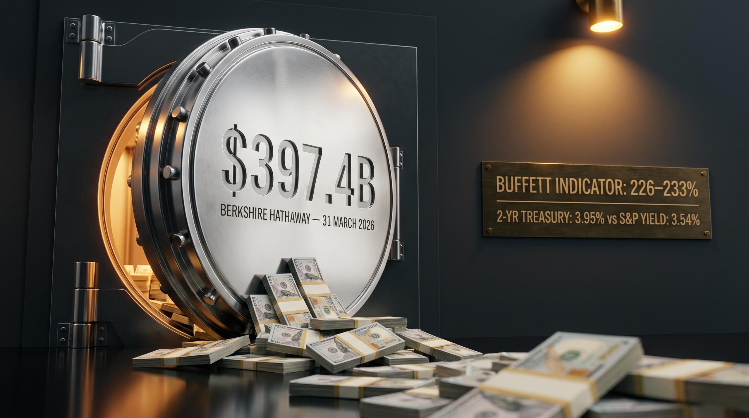 Berkshire Hathaway $397.4B cash pile in chrome vault with Treasury yield and Buffett Indicator data etched into steel