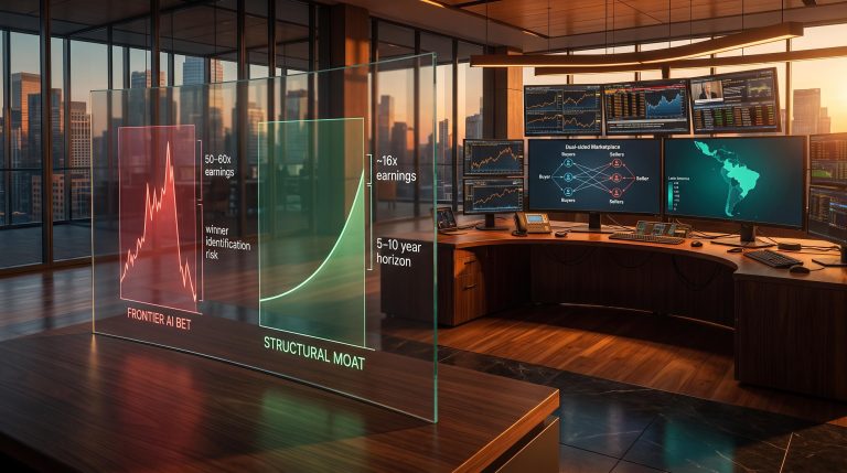 Glass data panel showing frontier AI valuation risk vs structural moat compounding curve — AI investment strategy framework