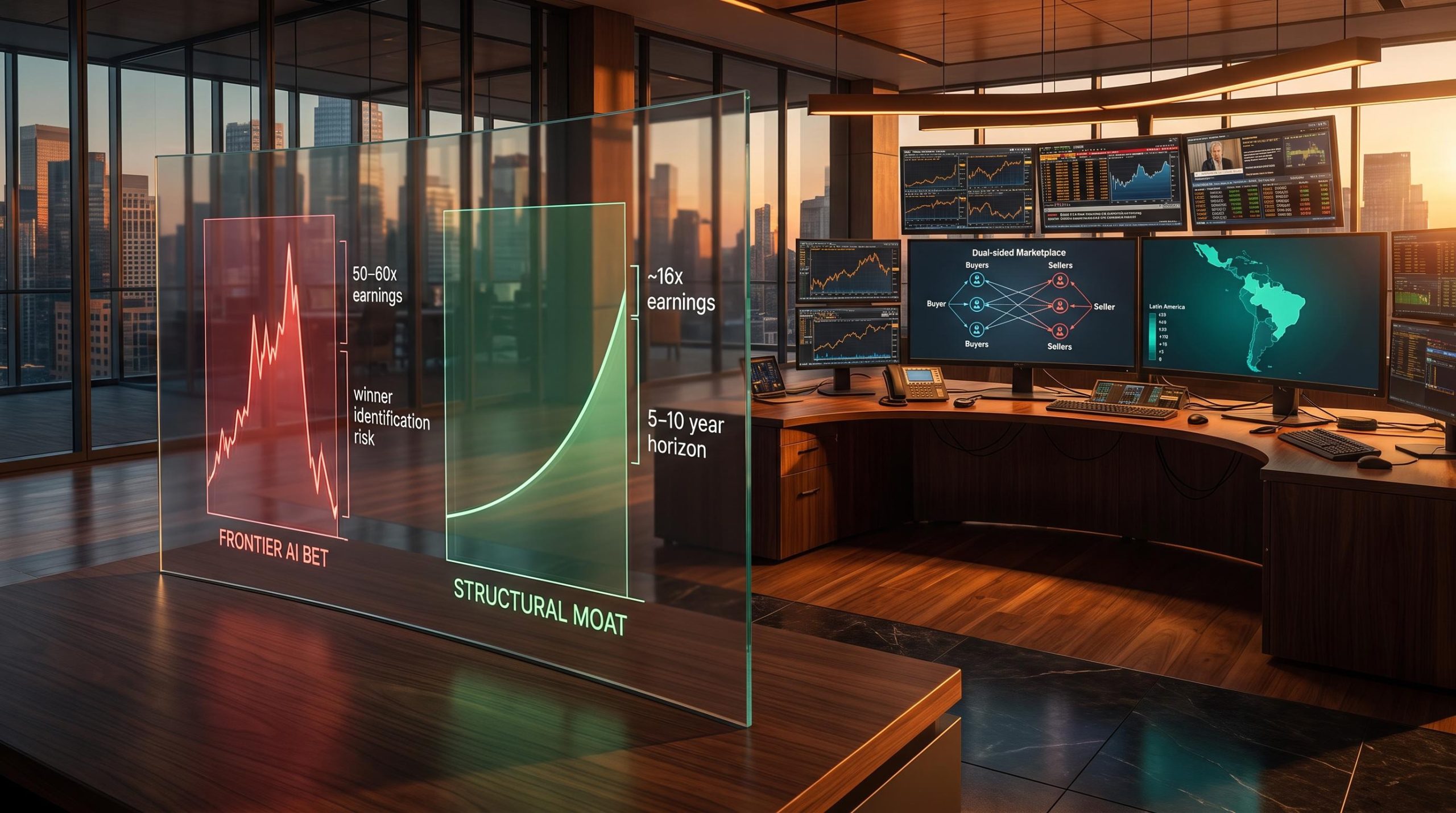 Glass data panel showing frontier AI valuation risk vs structural moat compounding curve — AI investment strategy framework