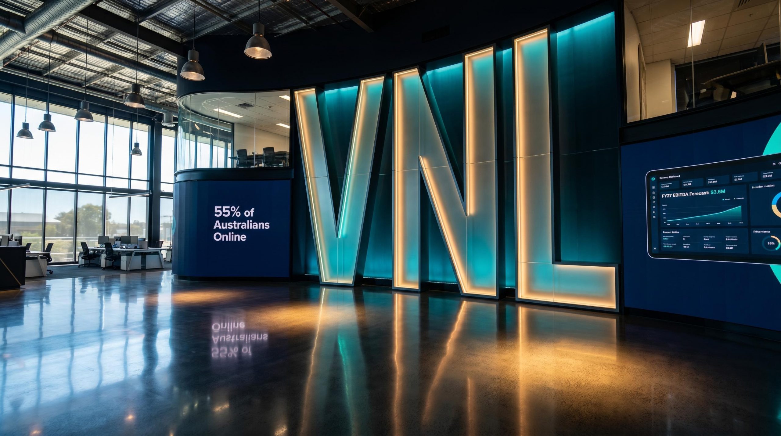 Modern office lobby with screens