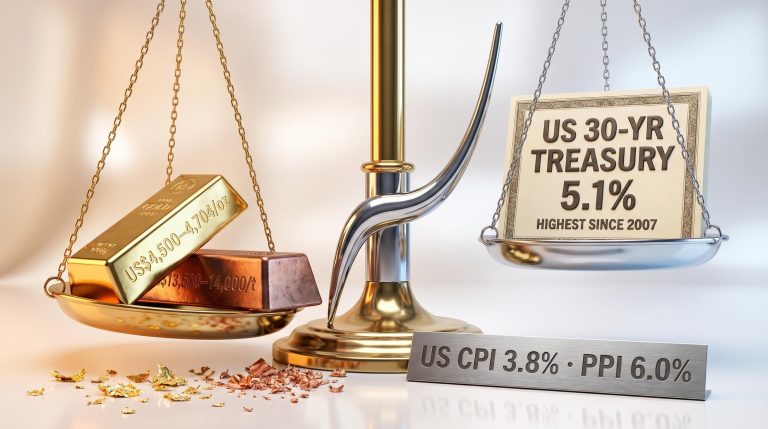 Gold bar and copper ingot tip downward on a balance scale outweighed by a 5.1% US Treasury bond — bond yields and commodity prices