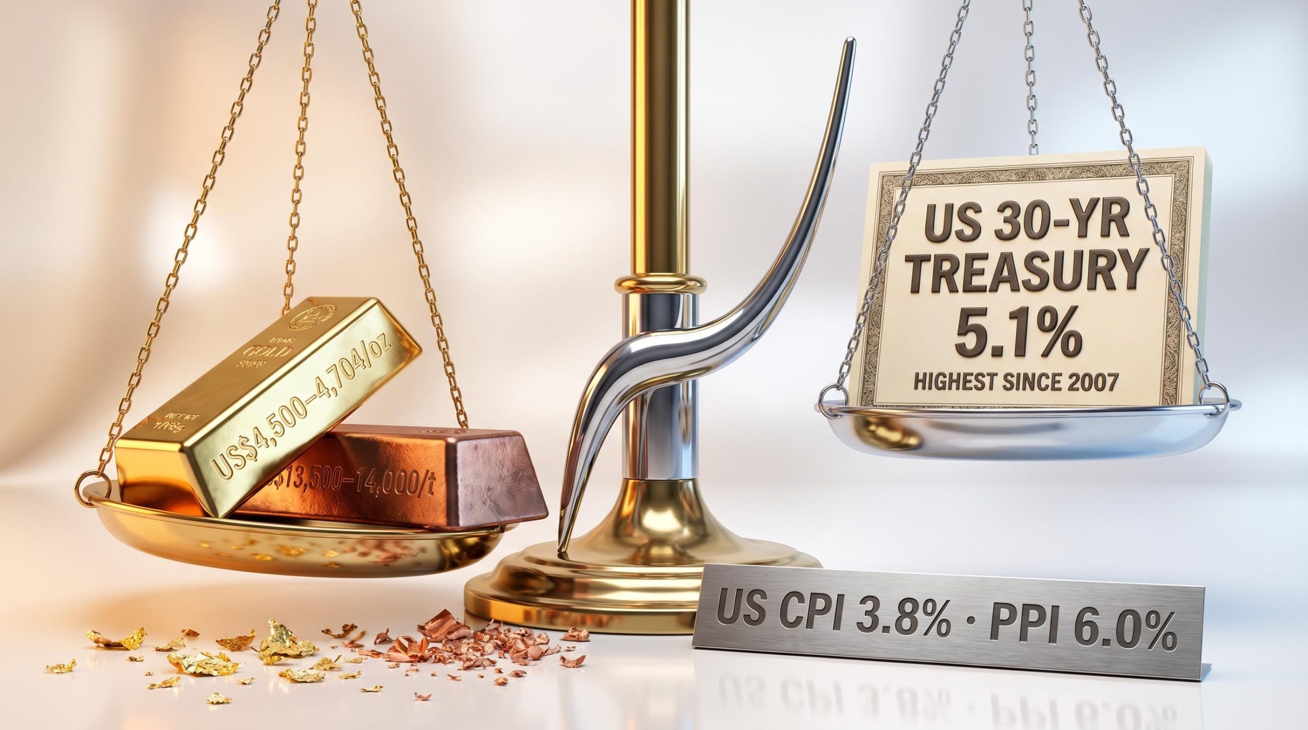 Gold bar and copper ingot tip downward on a balance scale outweighed by a 5.1% US Treasury bond — bond yields and commodity prices