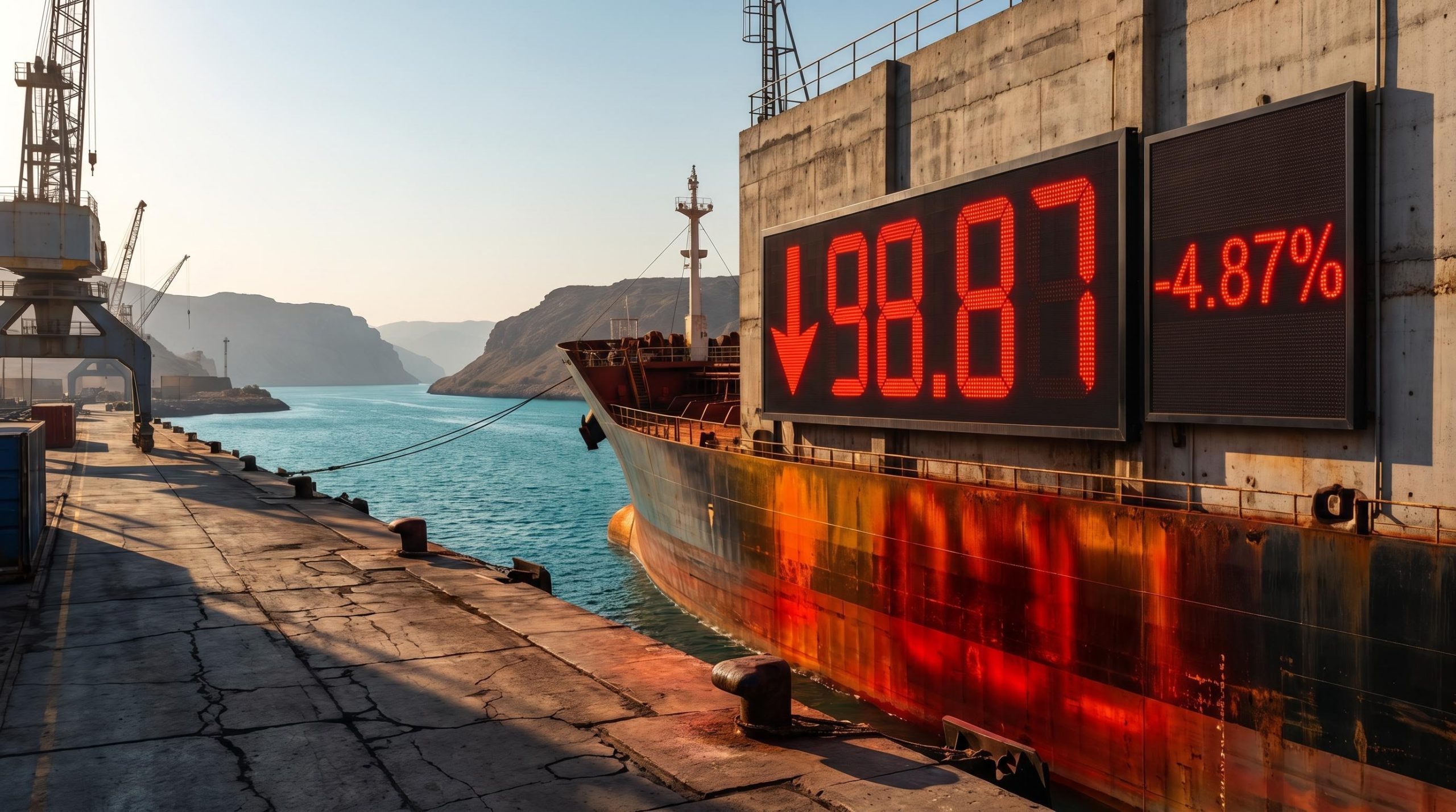 Brent crude price board showing $98.87 and -4.87% at a Strait of Hormuz port terminal as oil prices drop