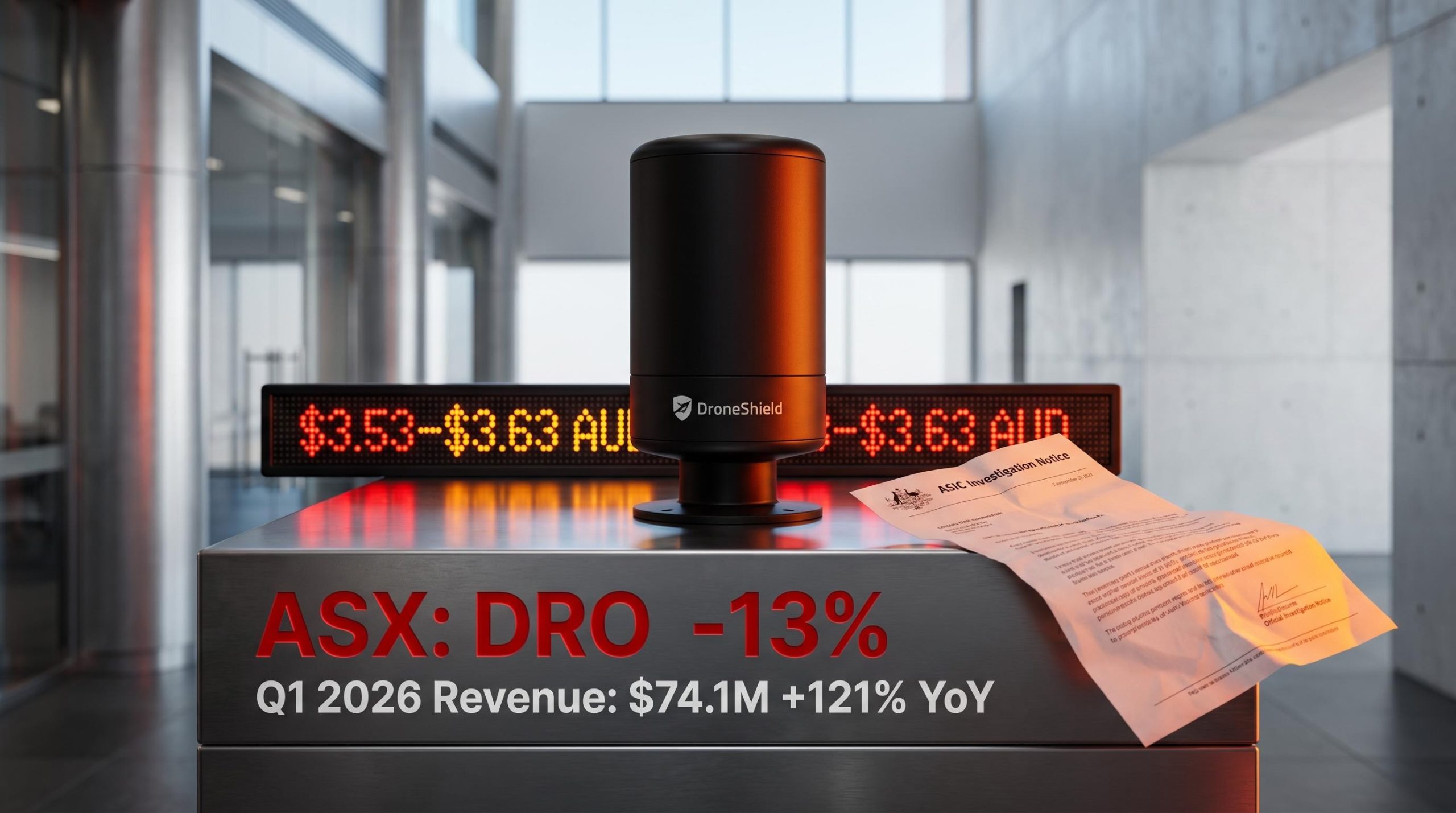 DroneShield ASX DRO device beside ASIC investigation notice showing -13% drop and $74.1M Q1 2026 revenue