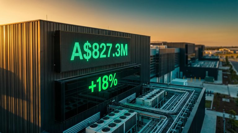 Megaport data centre facade displaying A$827.3M capital raise figure as shares surge 18% on ASX