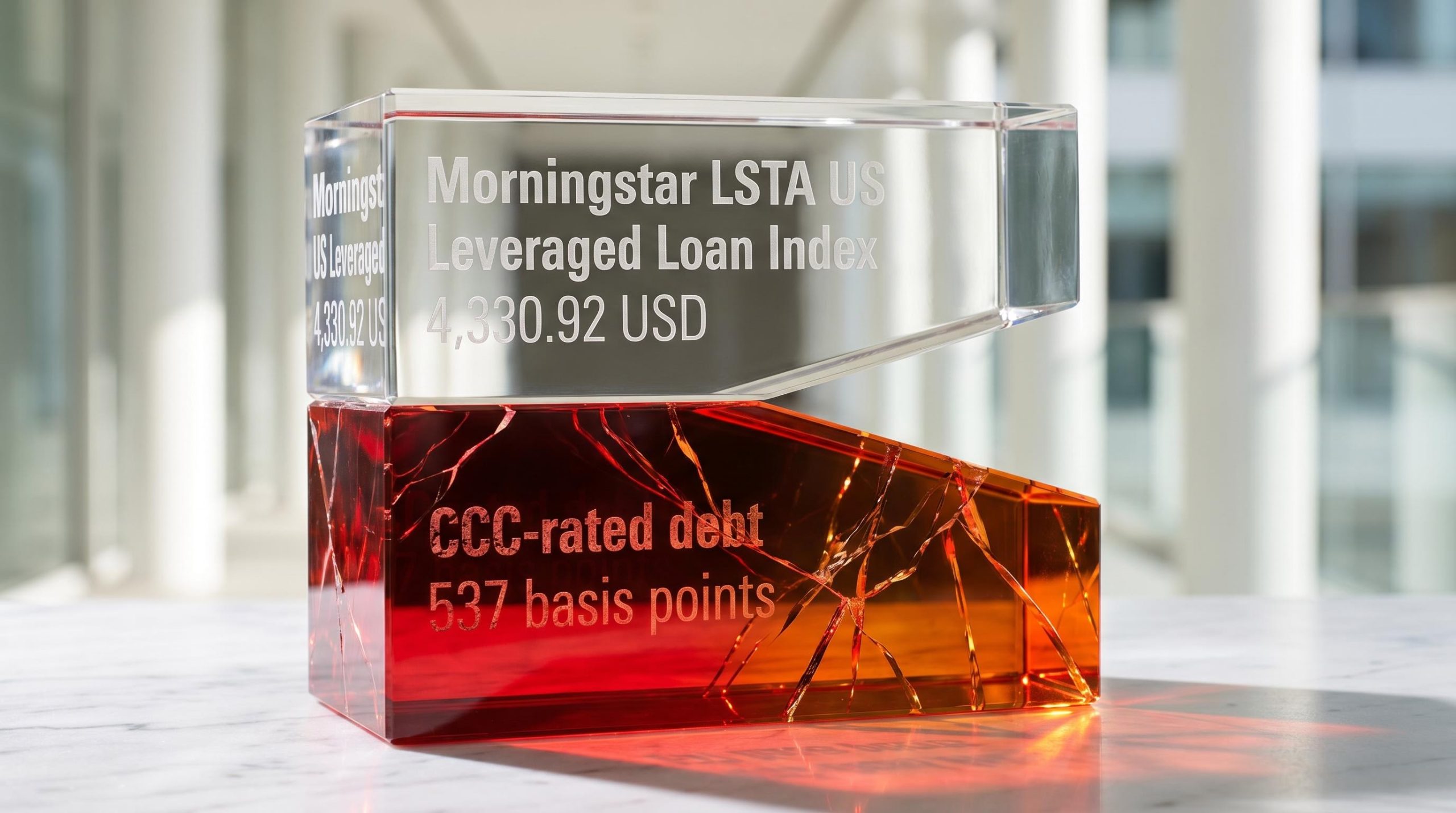 Fractured crystal showing 4,330.92 USD index stability against shattered CCC-rated debt in leveraged loan market conditions.