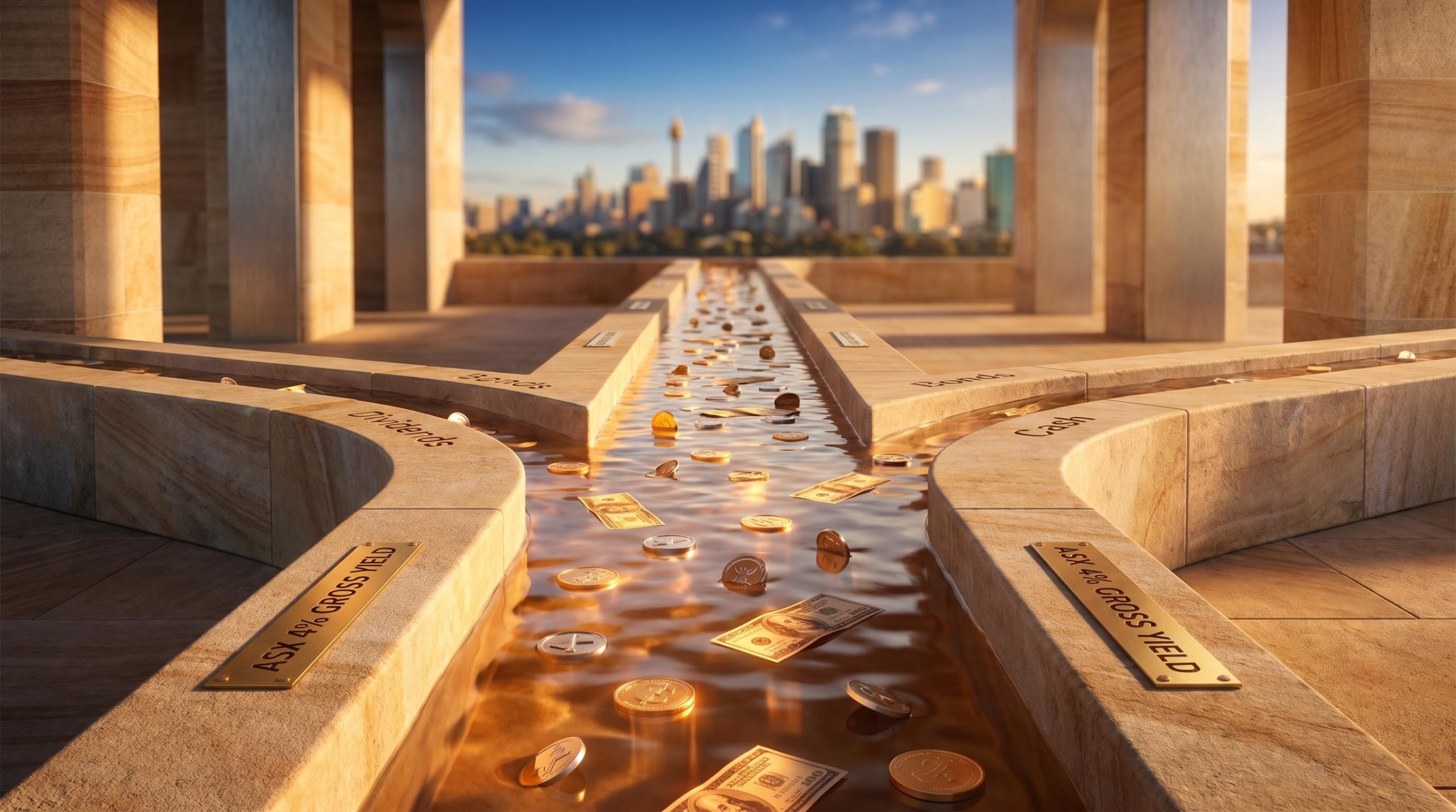 Golden income stream flowing through ASX-inspired stone aqueduct, illustrating passive income investing diversification