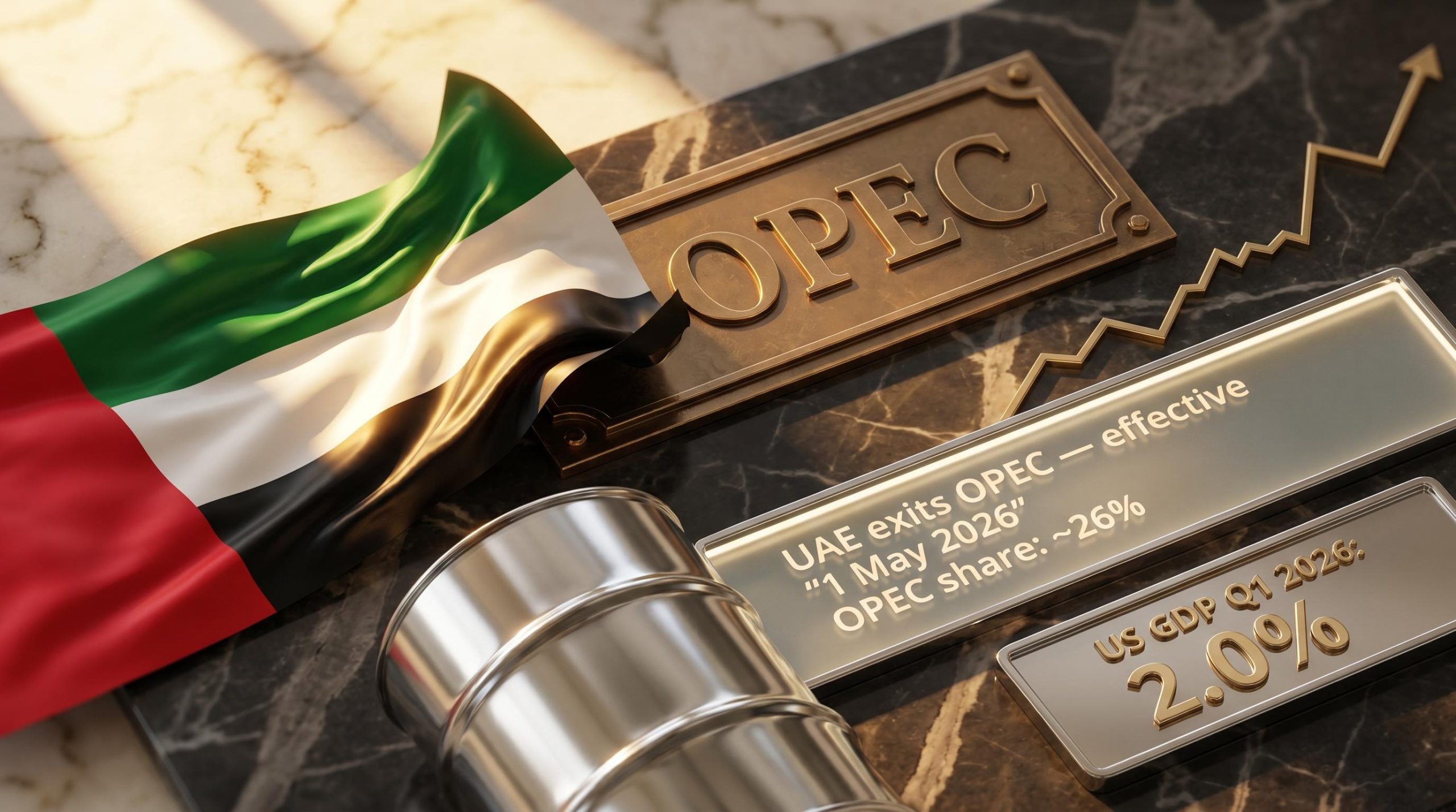 UAE flag peeling from an OPEC plaque as OPEC share falls to ~26% and US GDP hits 2.0% in May 2026