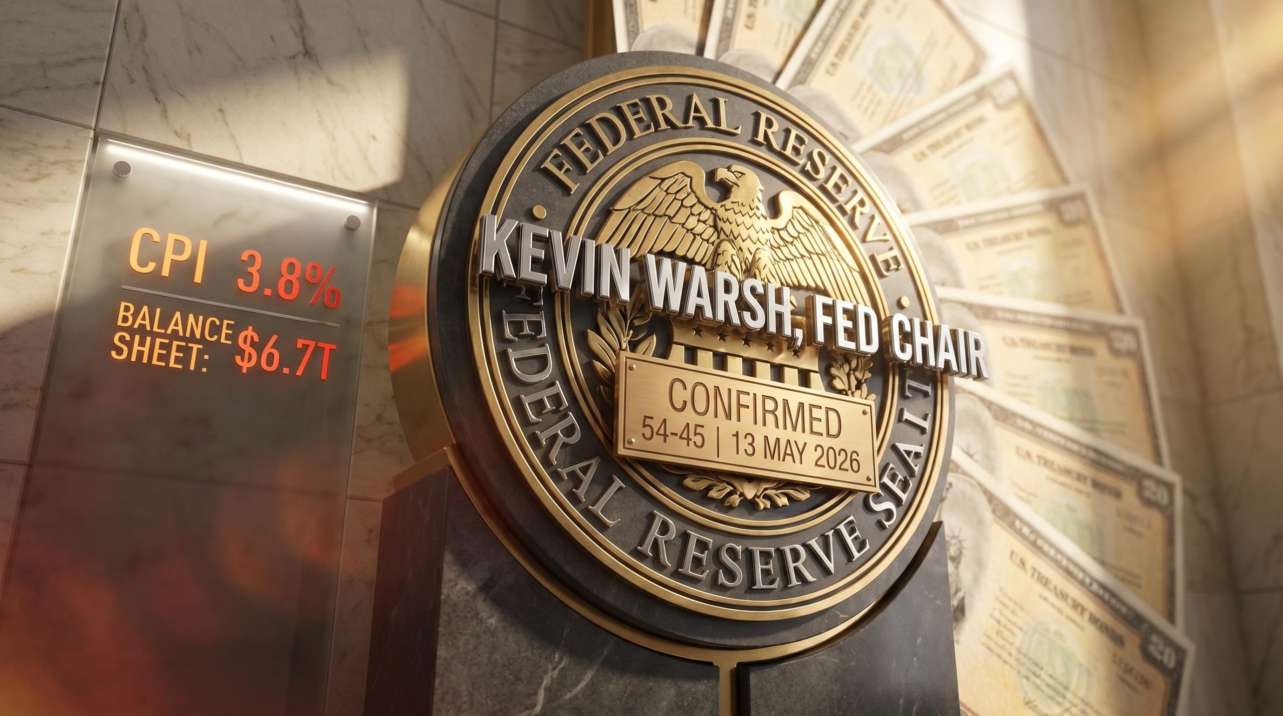 Federal Reserve seal with Kevin Warsh confirmation vote 54-45, CPI 3.8% and $6.7T balance sheet figures engraved in brass