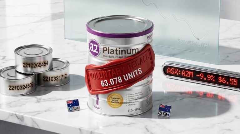 a2 Platinum Premium infant formula tin with A2 Milk product recall details and ASX: A2M –9.9% ticker at 52-week low
