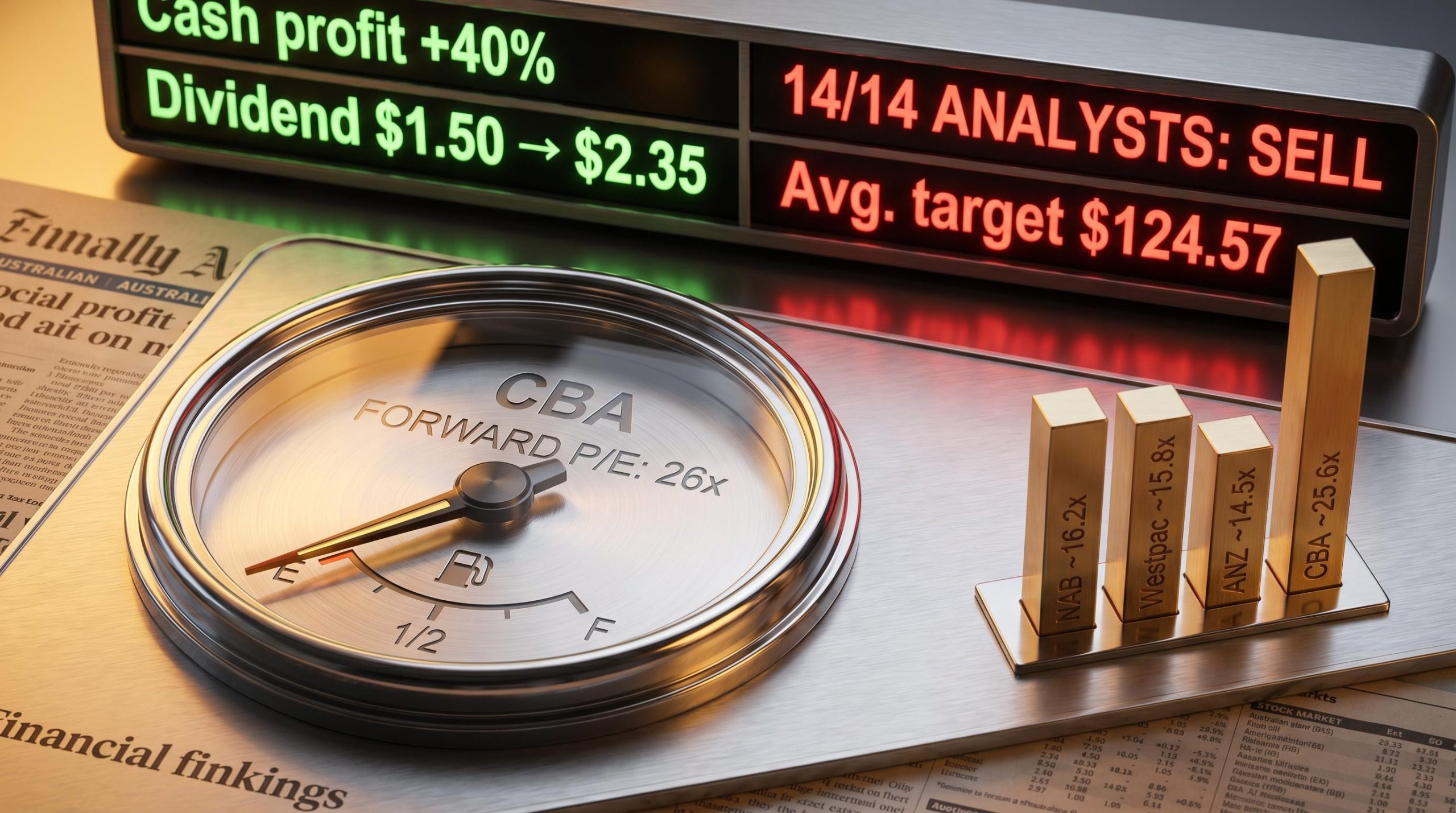 CBA share price valuation fuel gauge showing 26x forward P/E near empty with 14/14 analyst sell ratings