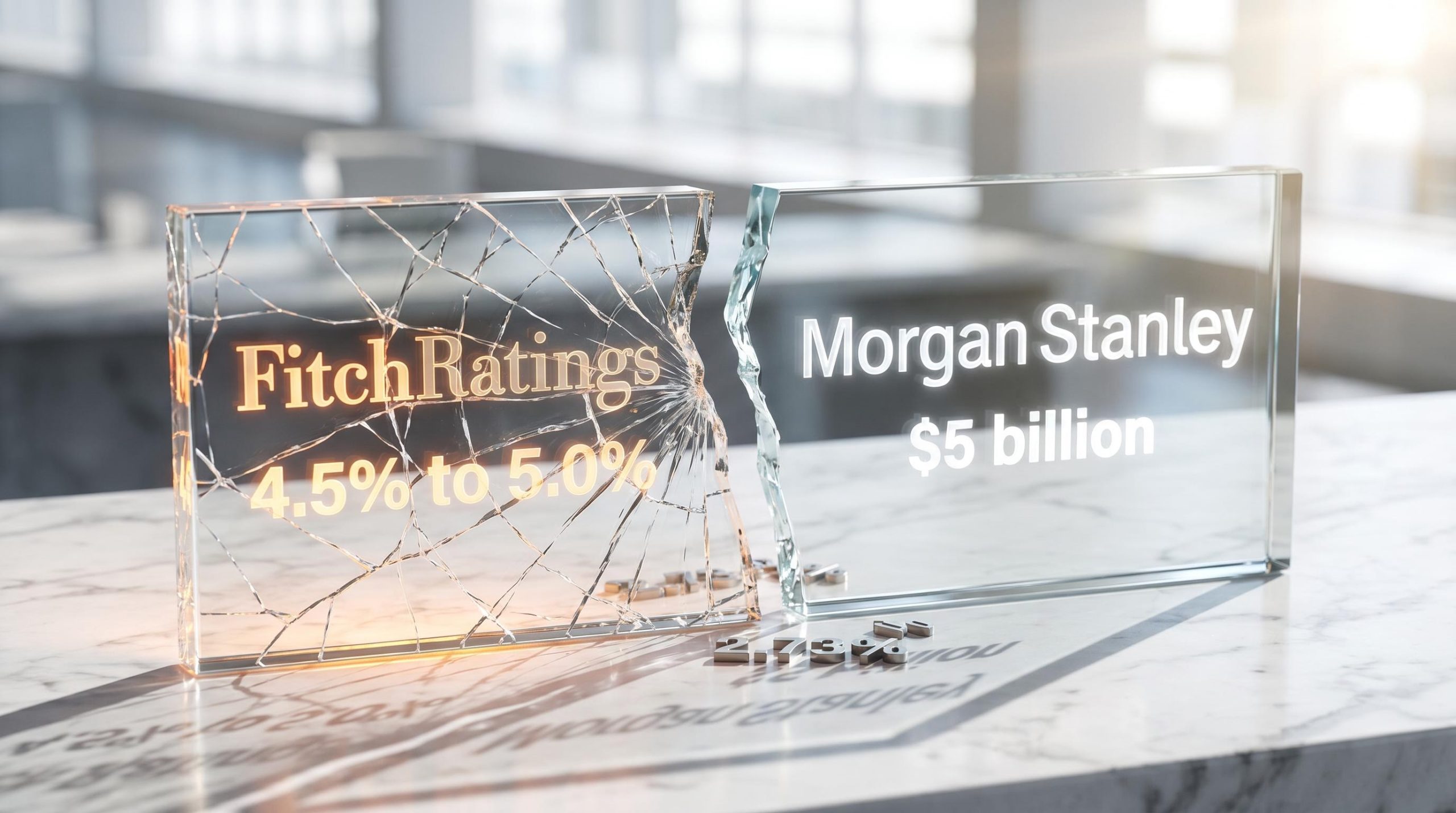 Fracturing glass plaque showing credit market trends with Fitch 4.5% to 5.0% defaults and Morgan Stanley $5 billion loan.