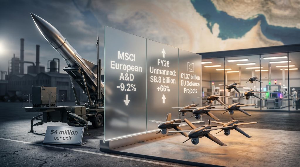 Patriot missile versus drone swarm with defence spending data showing sector rotation toward unmanned systems