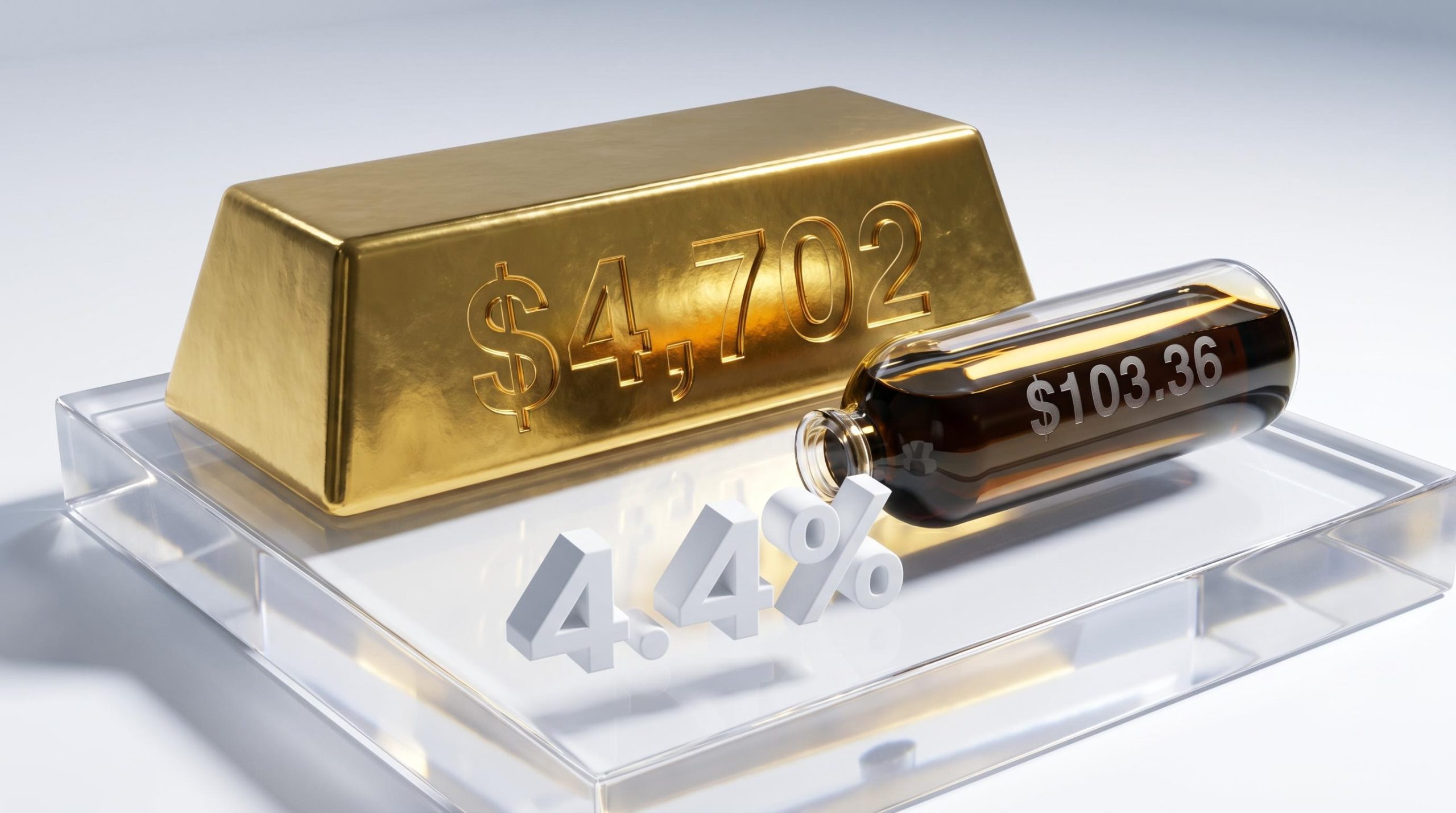 Gold bar etched with $4,702 and oil vial marked $103.36 alongside 4.4% data, detailing an inflation investment strategy.