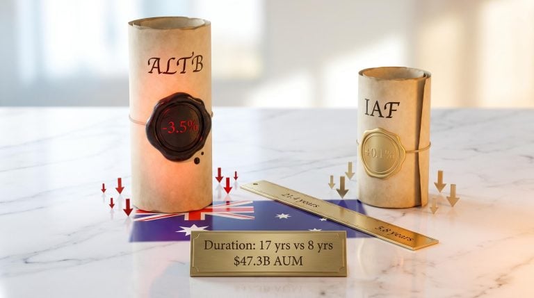 ALTB vs IAF bond ETF duration comparison — 21.4yr vs 5.8yr maturity gap with -3.5% and 0.1% returns