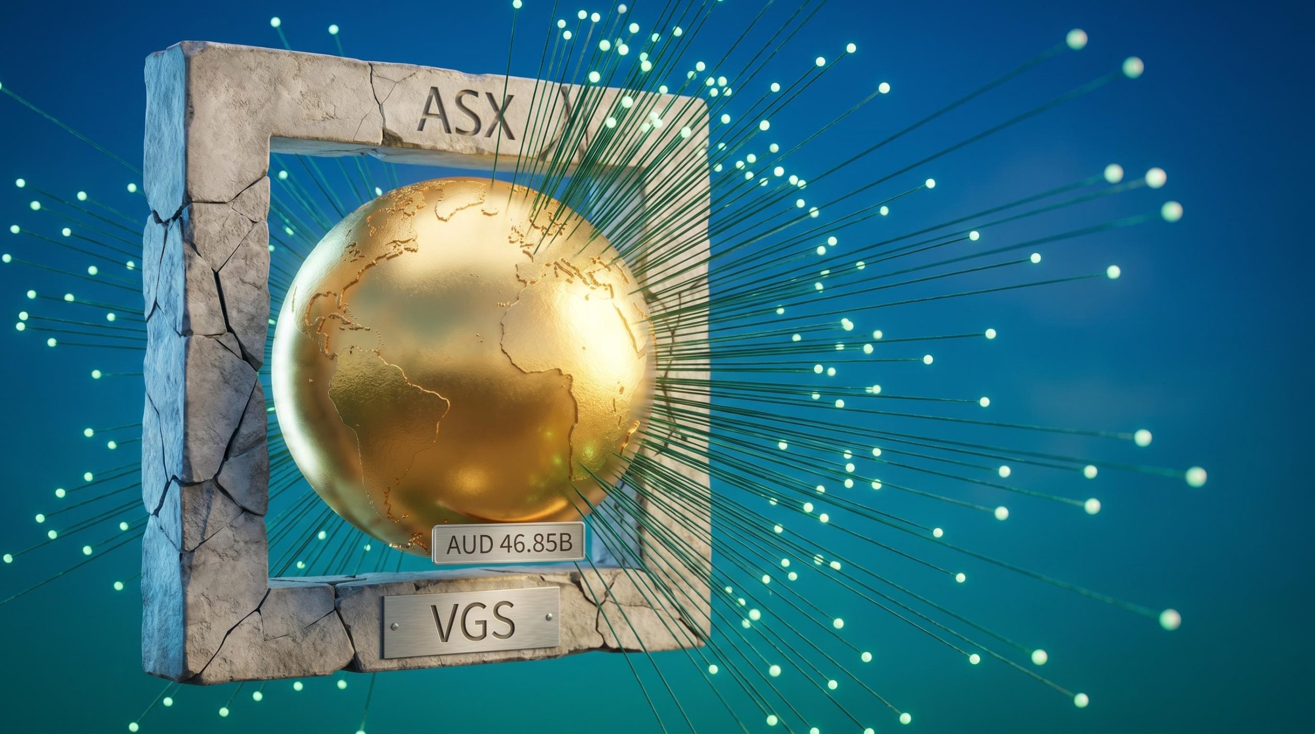 Vanguard VGS ETF globe bursting from ASX frame, representing AUD 46.85B in global diversification