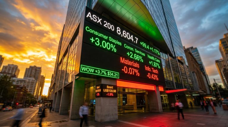 ASX 200 closes at 8,604.7 up 99.4 points as defensive rotation drives Consumer Staples 3% while Materials falls