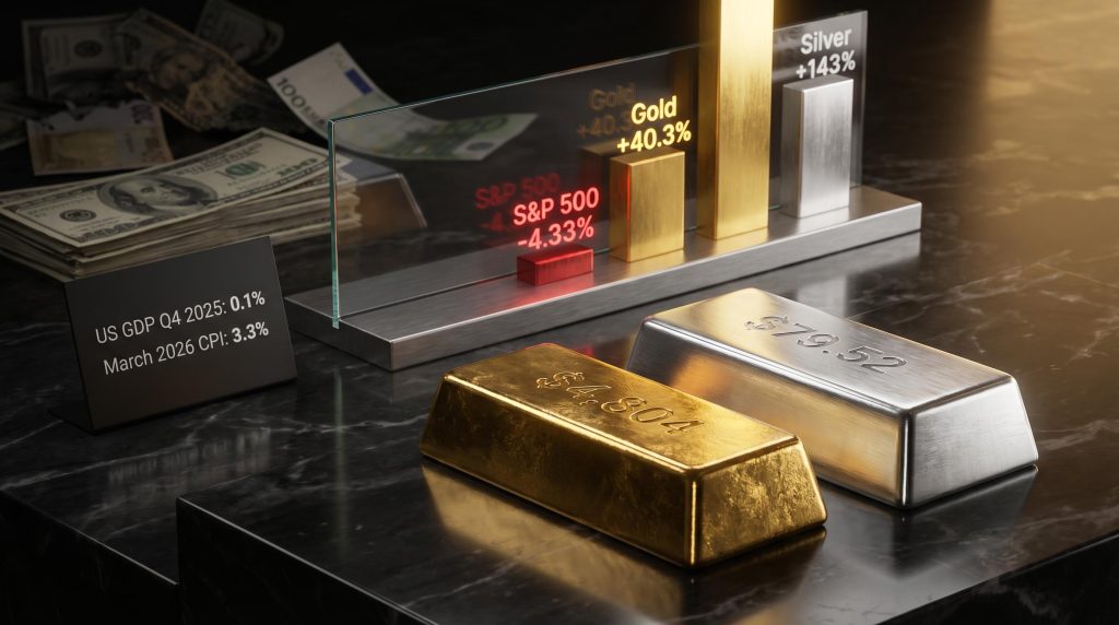Gold bar marked $4,804 and silver ingot at $79.52 beside declining S