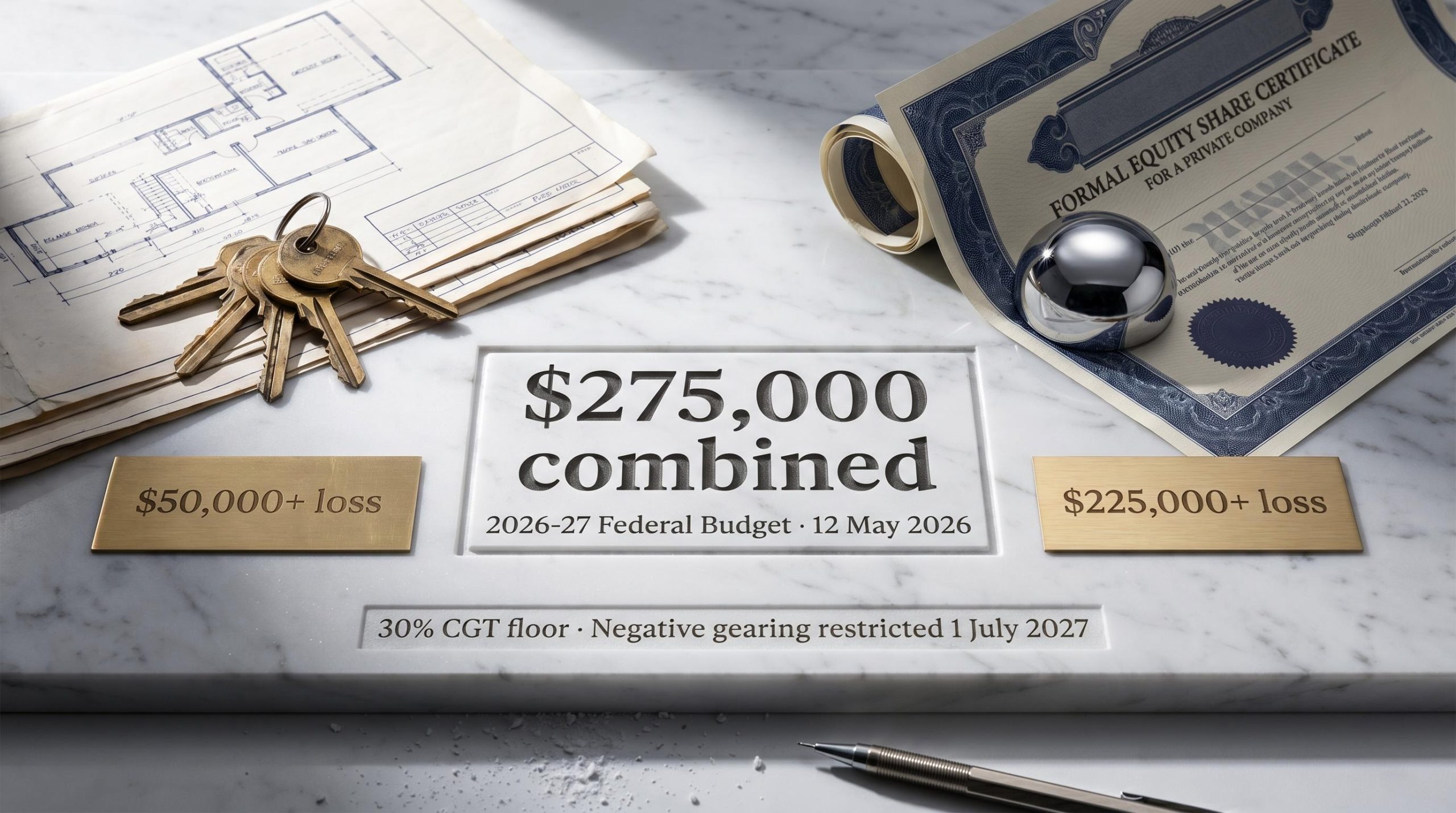 Brass plaques showing $275,000 combined loss from Australia's 2026-27 Budget investment tax changes on marble surface