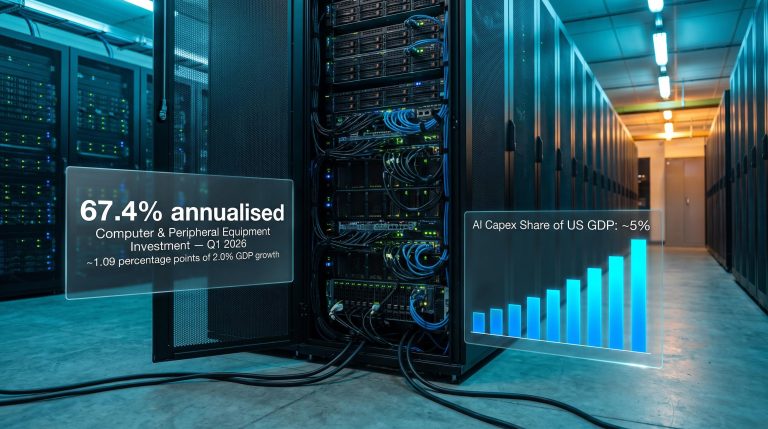 AI server infrastructure with 67.4% Q1 2026 investment growth and 1.09pp GDP contribution displayed as data panels