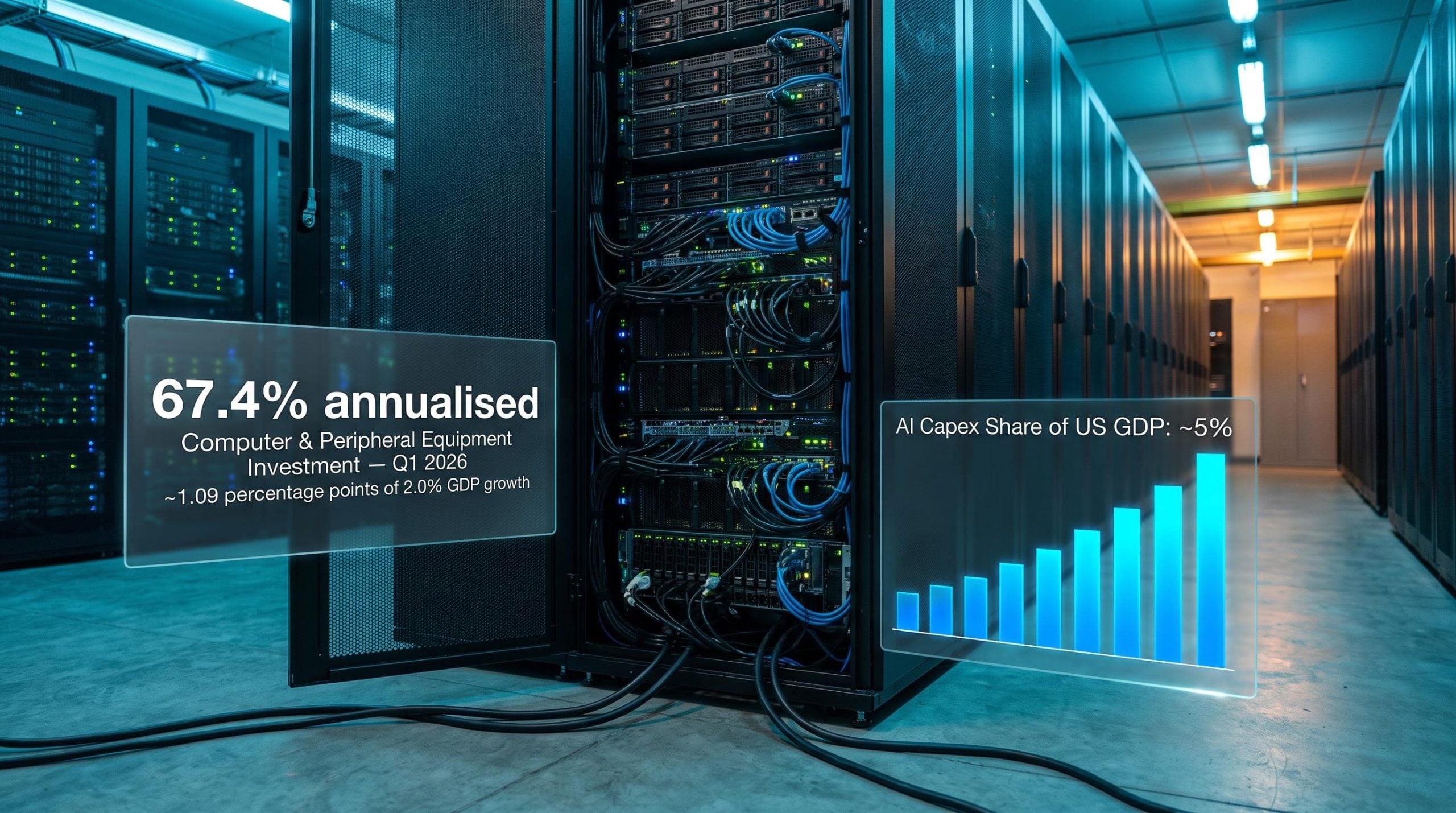 AI server infrastructure with 67.4% Q1 2026 investment growth and 1.09pp GDP contribution displayed as data panels