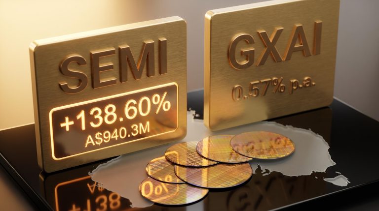 SEMI and GXAI ASX ETF plaques alongside silicon wafers showing 138.60% return and A$940.3M AUM