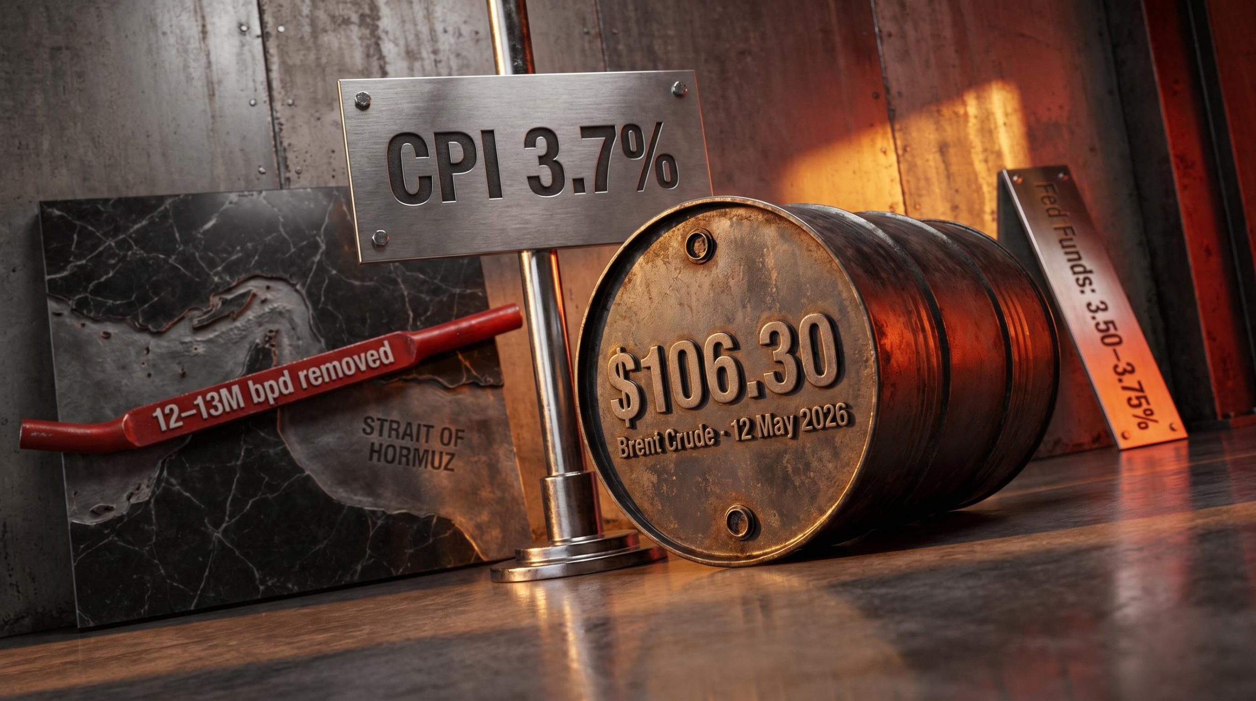 Brent crude barrel stamped $106.30 with CPI 3.7% placard and Hormuz strait map — oil price inflation shock