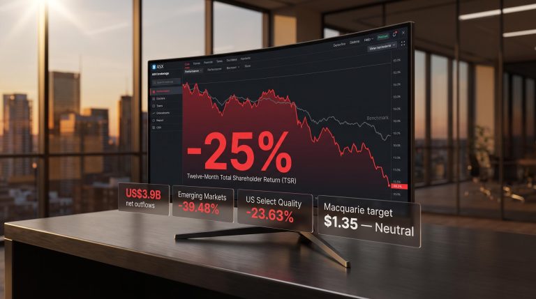 GQG Partners ASX trading screen showing -25% total shareholder return with US$3.9B outflow and fund underperformance data overlays