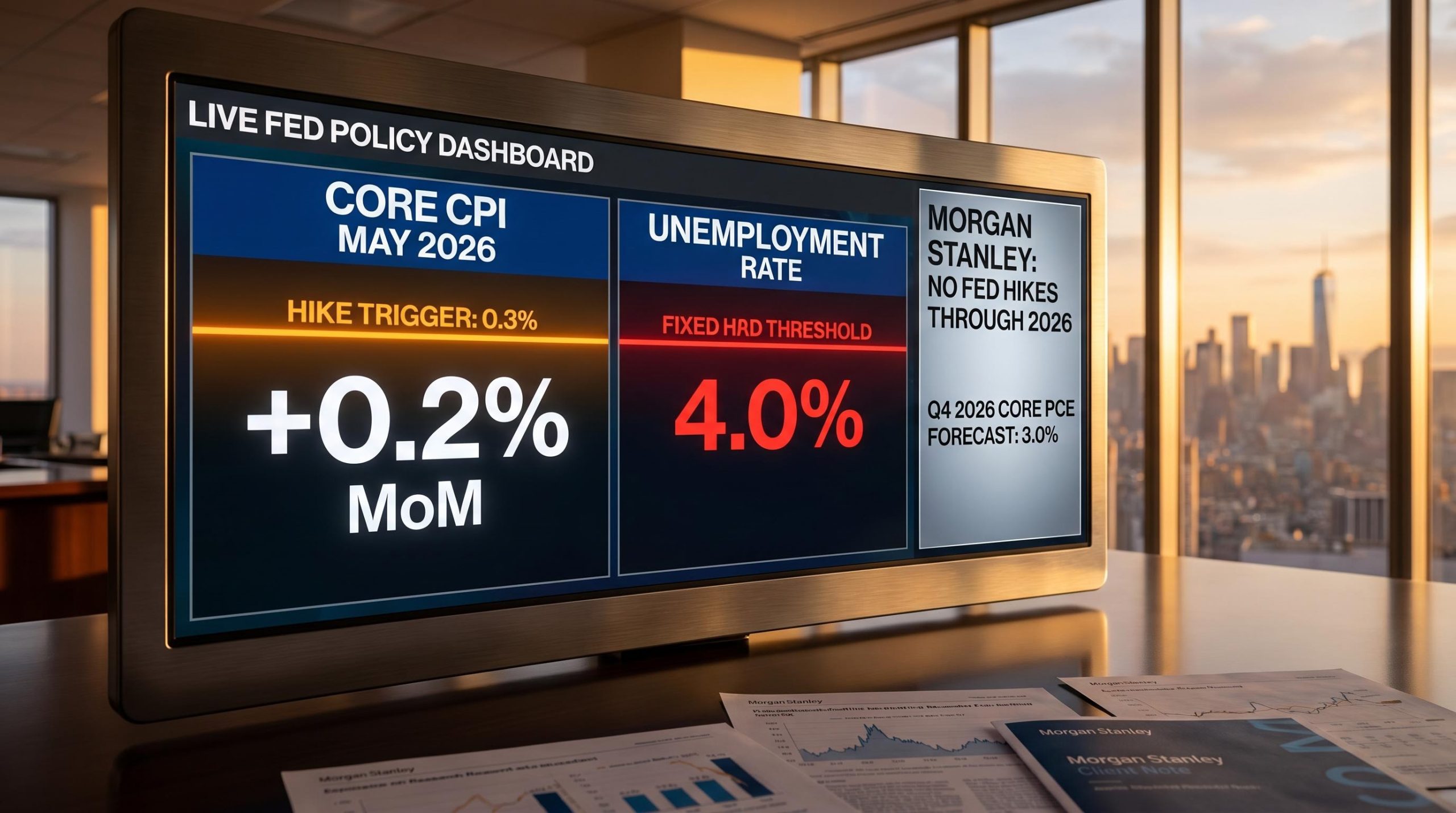 Morgan Stanley Fed rate forecast terminal showing 0.3% core CPI hike trigger and 4.0% unemployment threshold