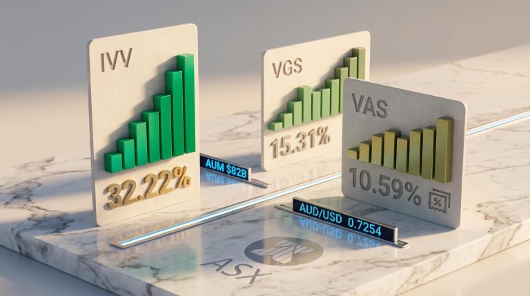VAS, VGS and IVV ETF cards showing 10.59%, 15.31% and 32.22% one-year returns on ASX