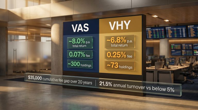 VAS vs VHY fund comparison screen showing 8.0% vs 6.8% total returns and $35,000 fee gap over 20 years