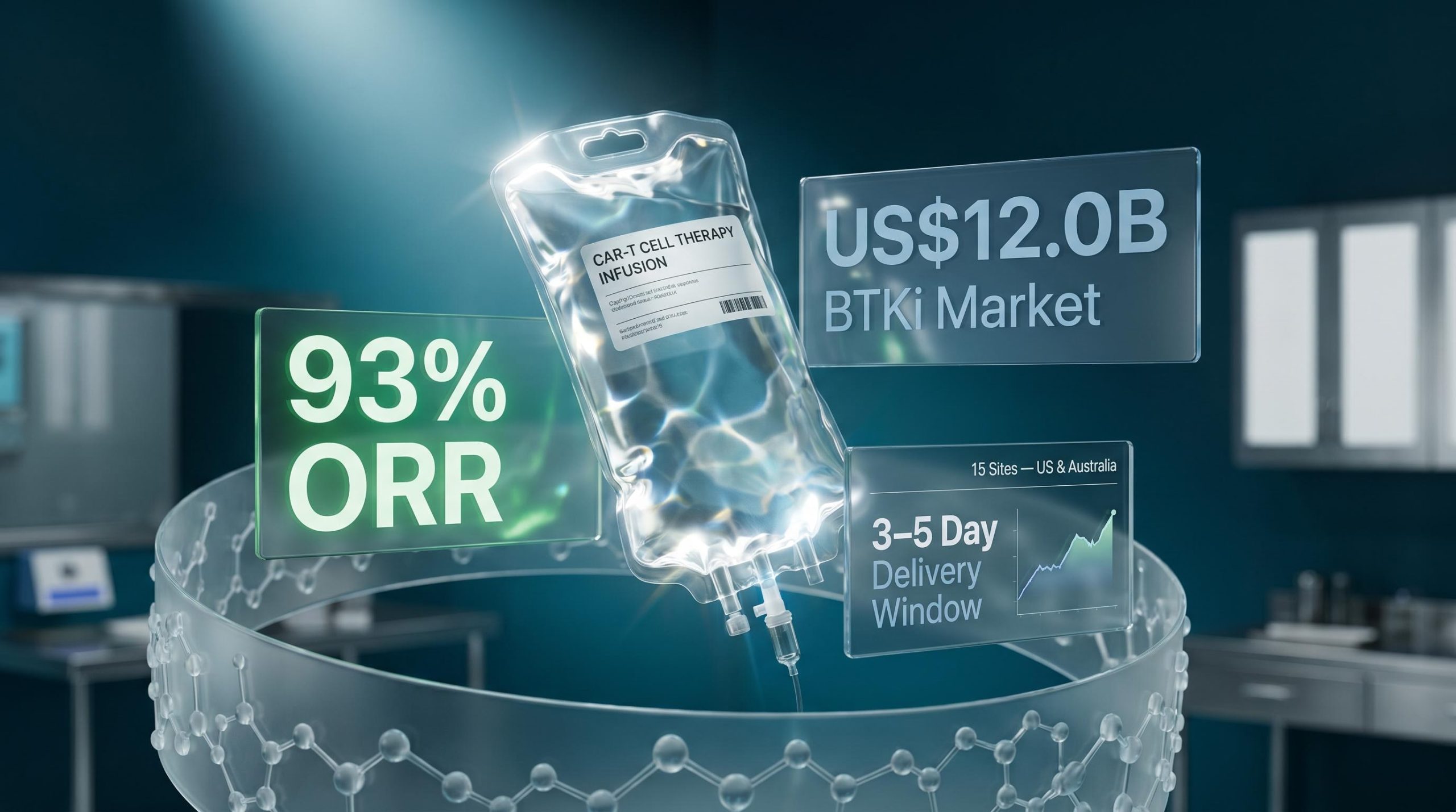 Azer-cel CAR-T infusion bag with 93% ORR and US$12.0B BTKi market data panels in clinical setting