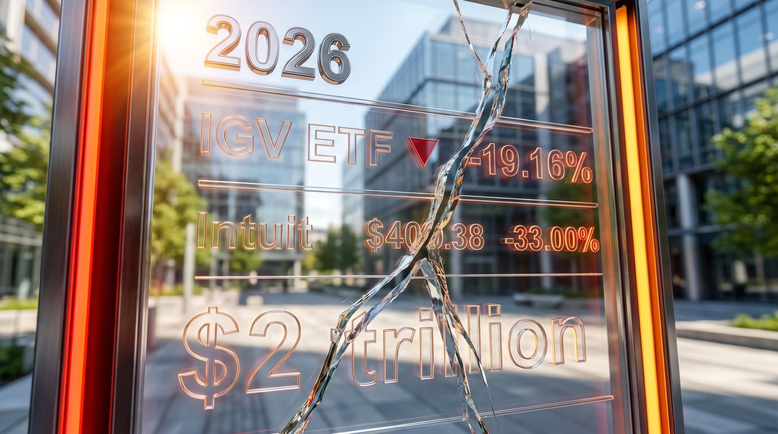 A fractured glass financial display shows Intuit dropping to $400.38 and IGV ETF down 19.16% amid AI disruption in tech.