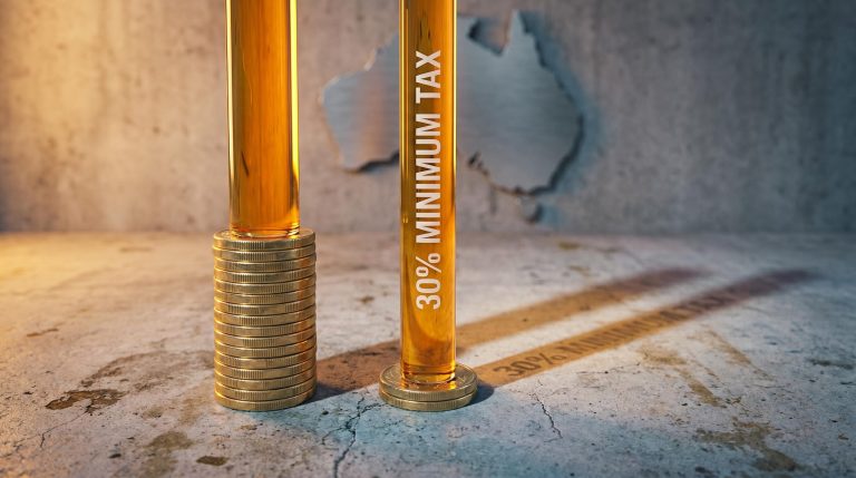 Two glass columns of unequal height above coin stacks illustrating Australian CGT reform's asymmetric impact on founders