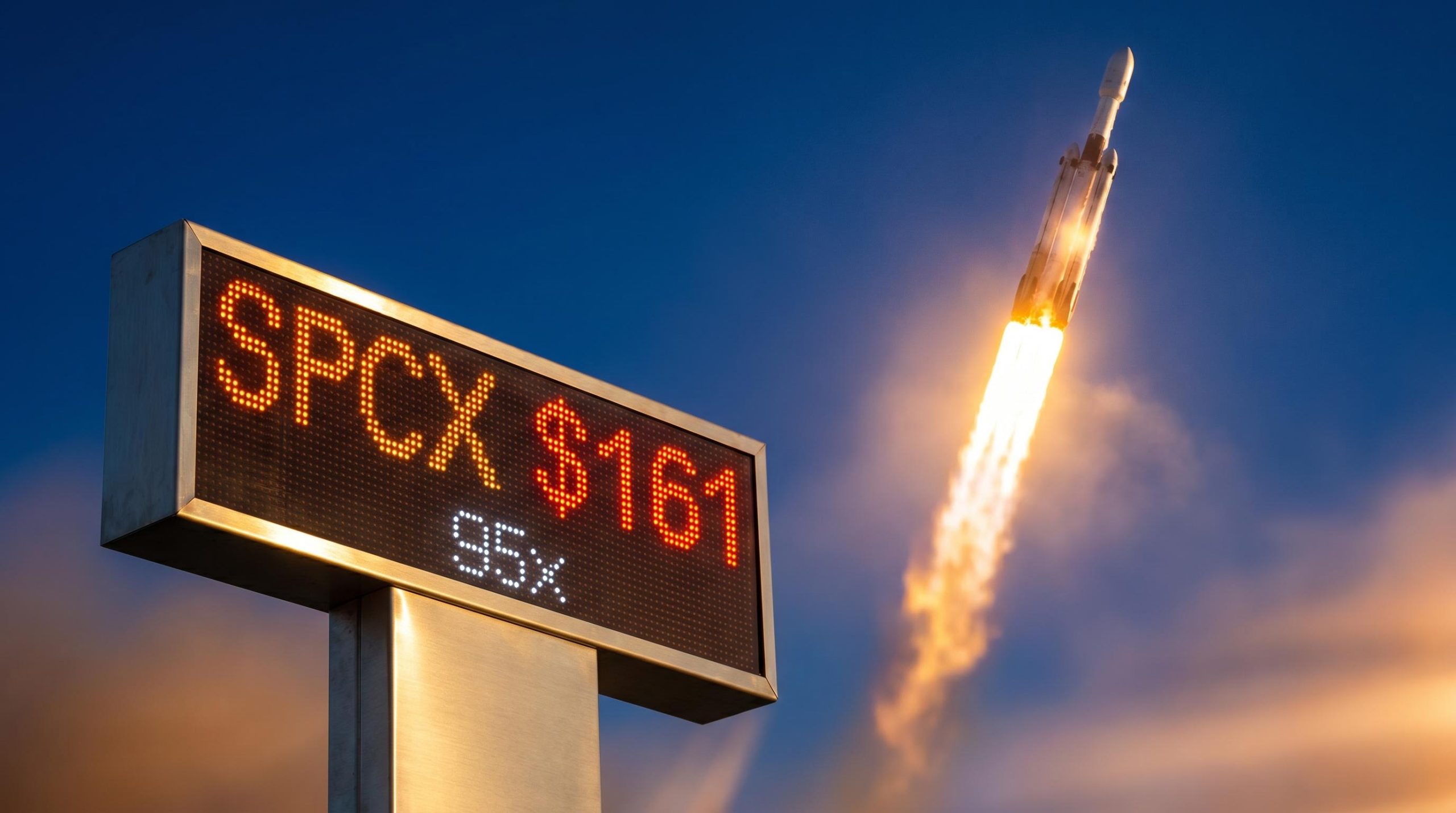 SpaceX SPCX ticker showing $161 against a Falcon 9 launch — buy SpaceX stock valuation analysis
