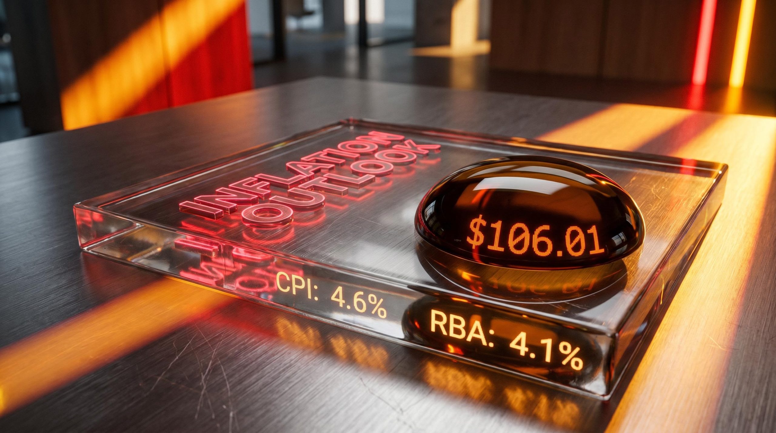 Display showing 4.6% CPI and 4.1% RBA rates beside an oil drop reflecting $106.01, capturing the 2026 inflation outlook.