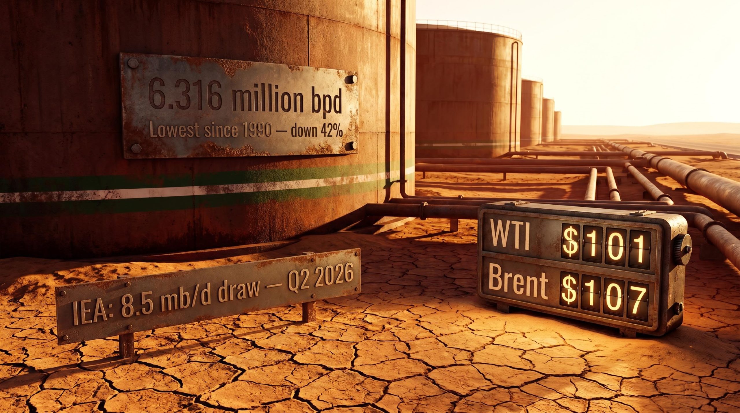 Saudi oil tanks with "6.316 million bpd" plaque and WTI $101 ticker amid global oil supply crisis