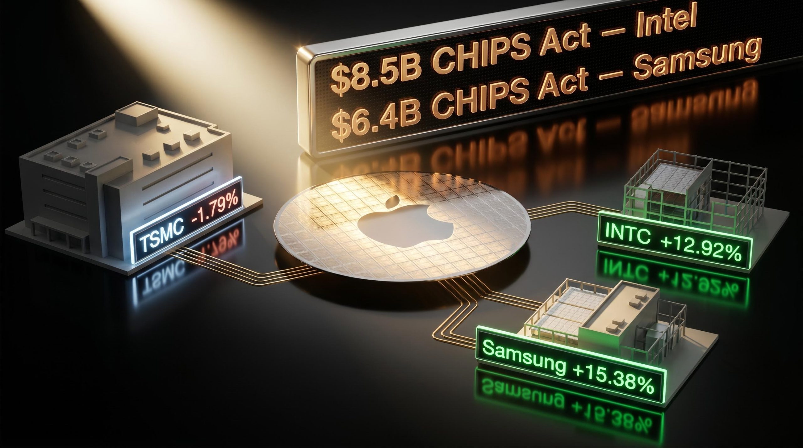 Apple chip supplier rivalry: TSMC wafer flanked by Intel 12.92% and Samsung 15.38% fab models after Bloomberg report