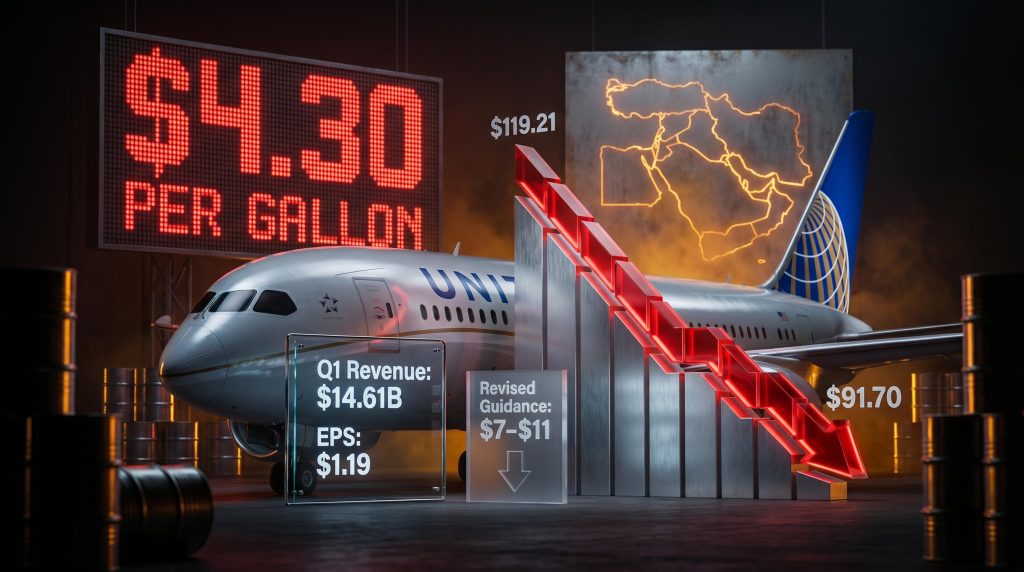 United Airlines jet with fuel price display showing $4.30 per gallon and declining stock chart from $119 to $91