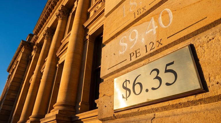 Bank of Queensland sandstone facade with $6.35 price tag and $9.40 PE-implied value etched above it