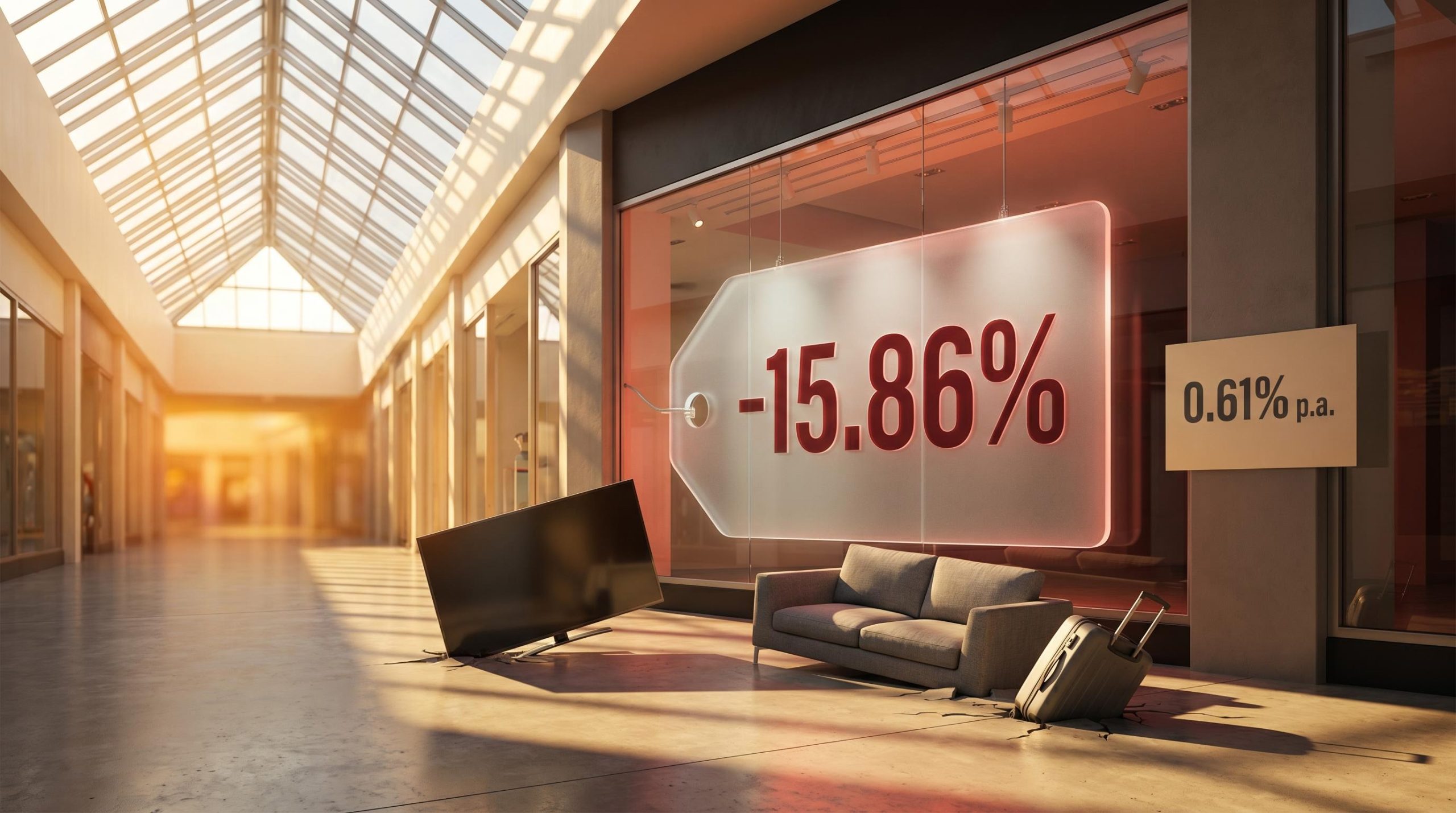 ASX Consumer Discretionary sector underperformance shown as sinking retail goods in sunlit mall with -15.86% display
