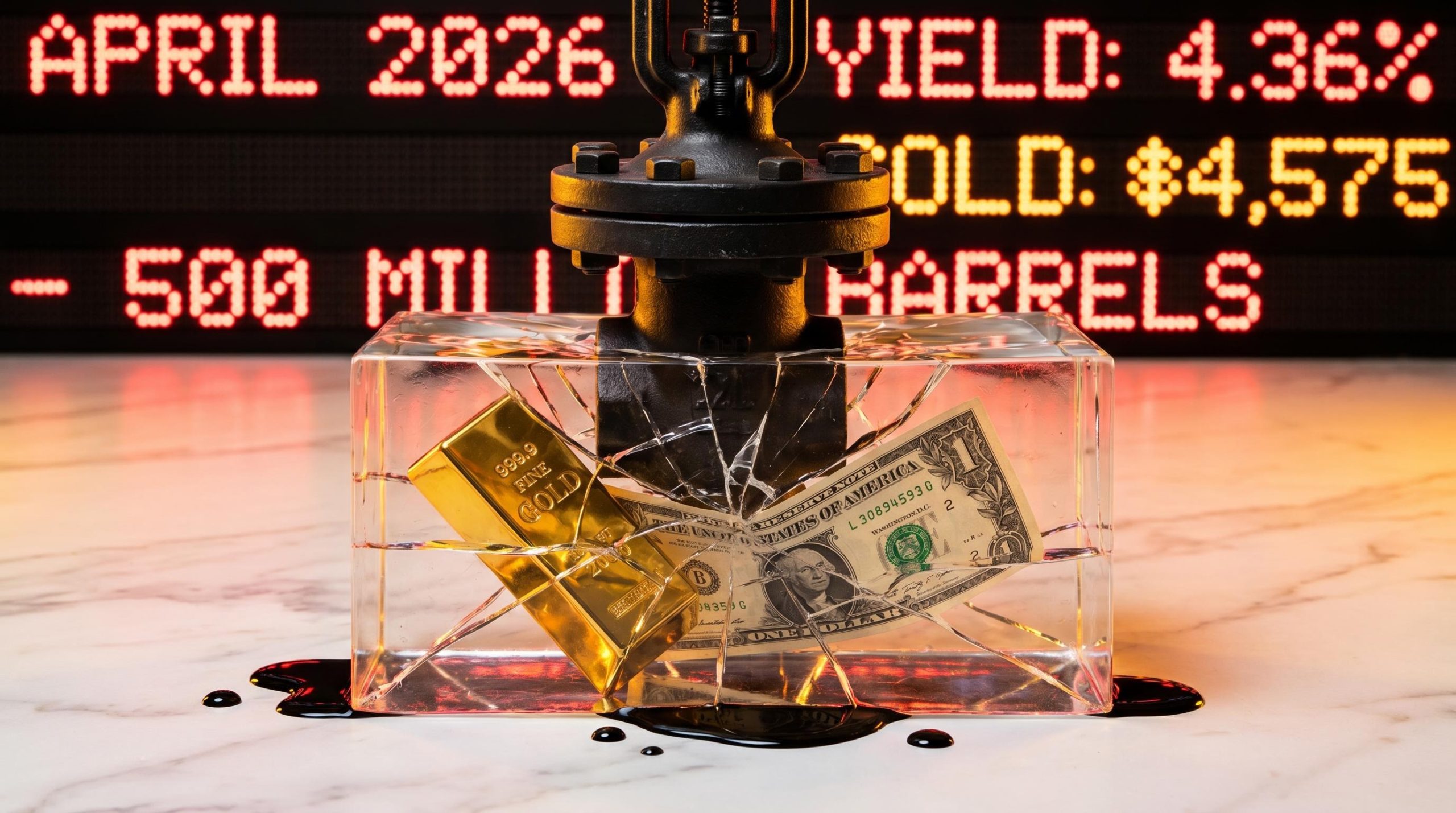 Cracked gold and bonds crushed by an oil valve as a red ticker displays April 2026 data on safe haven investments.