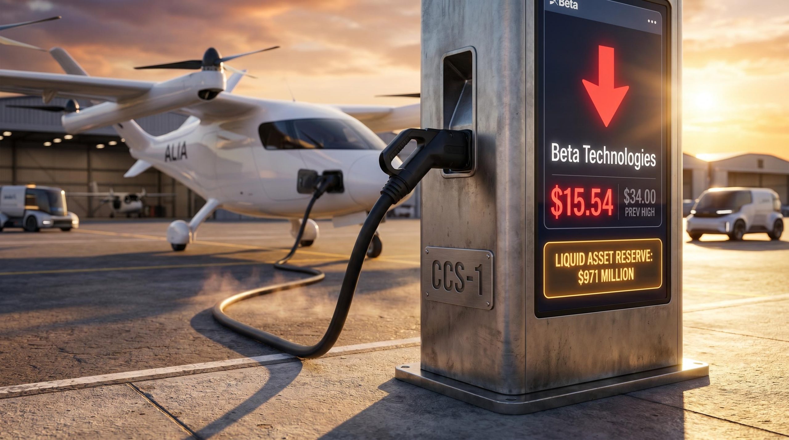 Beta Technologies analysis: ALIA aircraft at a CCS-1 charging station displaying $15.54 share price and $971 million cash.
