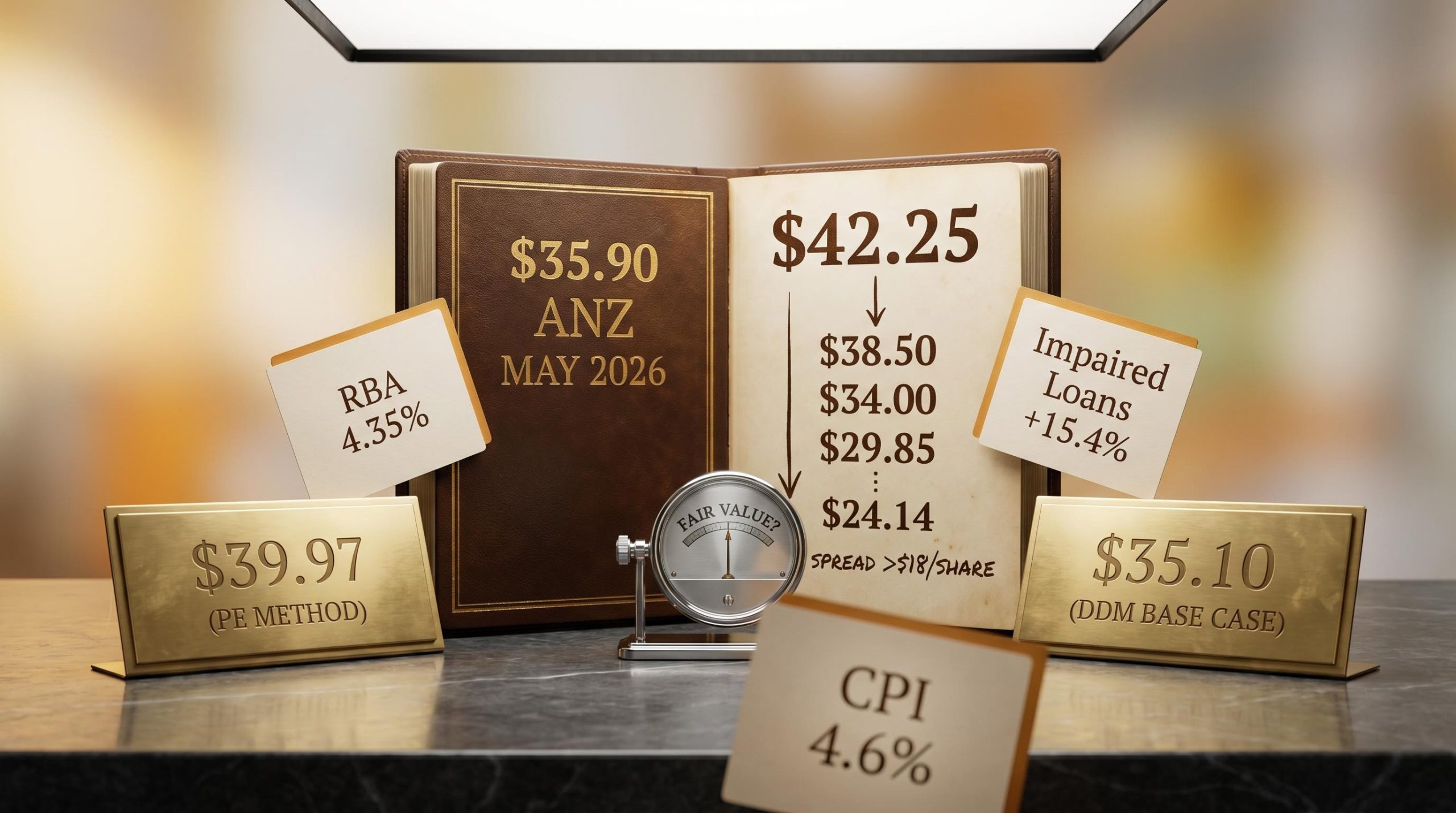 ANZ valuation ledger showing $39.97 PE output and $35.10 DDM beside RBA 4.35% and CPI 4.6% data cards