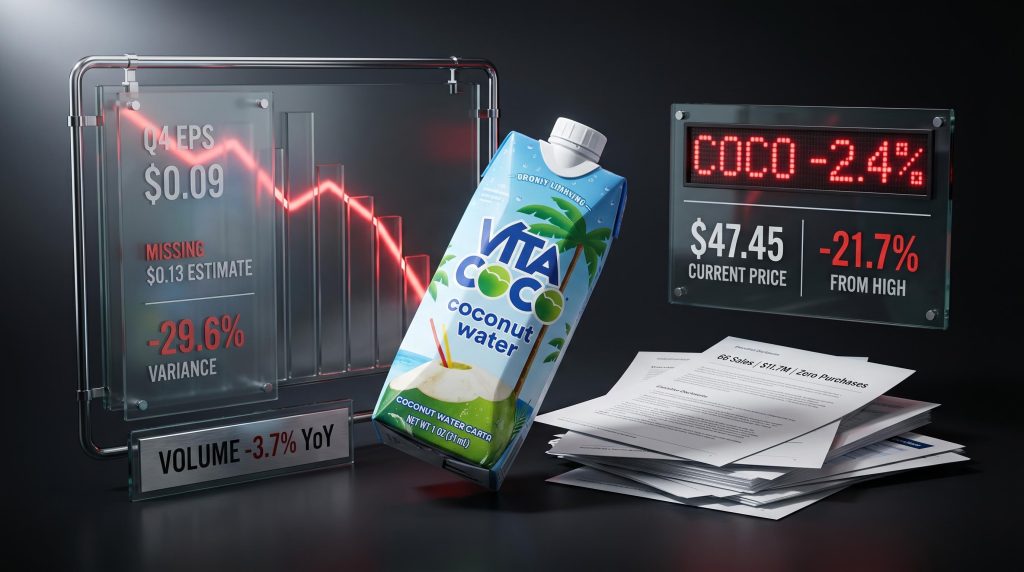 Vita Coco carton with Q4 earnings miss data and declining stock chart showing CEO sale impact and volume decline