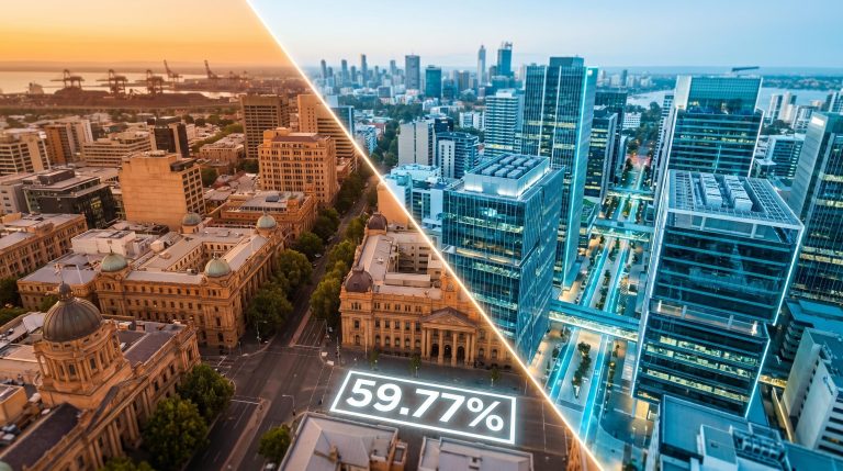 Split aerial view of ASX financial district vs Nasdaq tech precinct, showing NDQ ETF's 59.77% IT sector weight