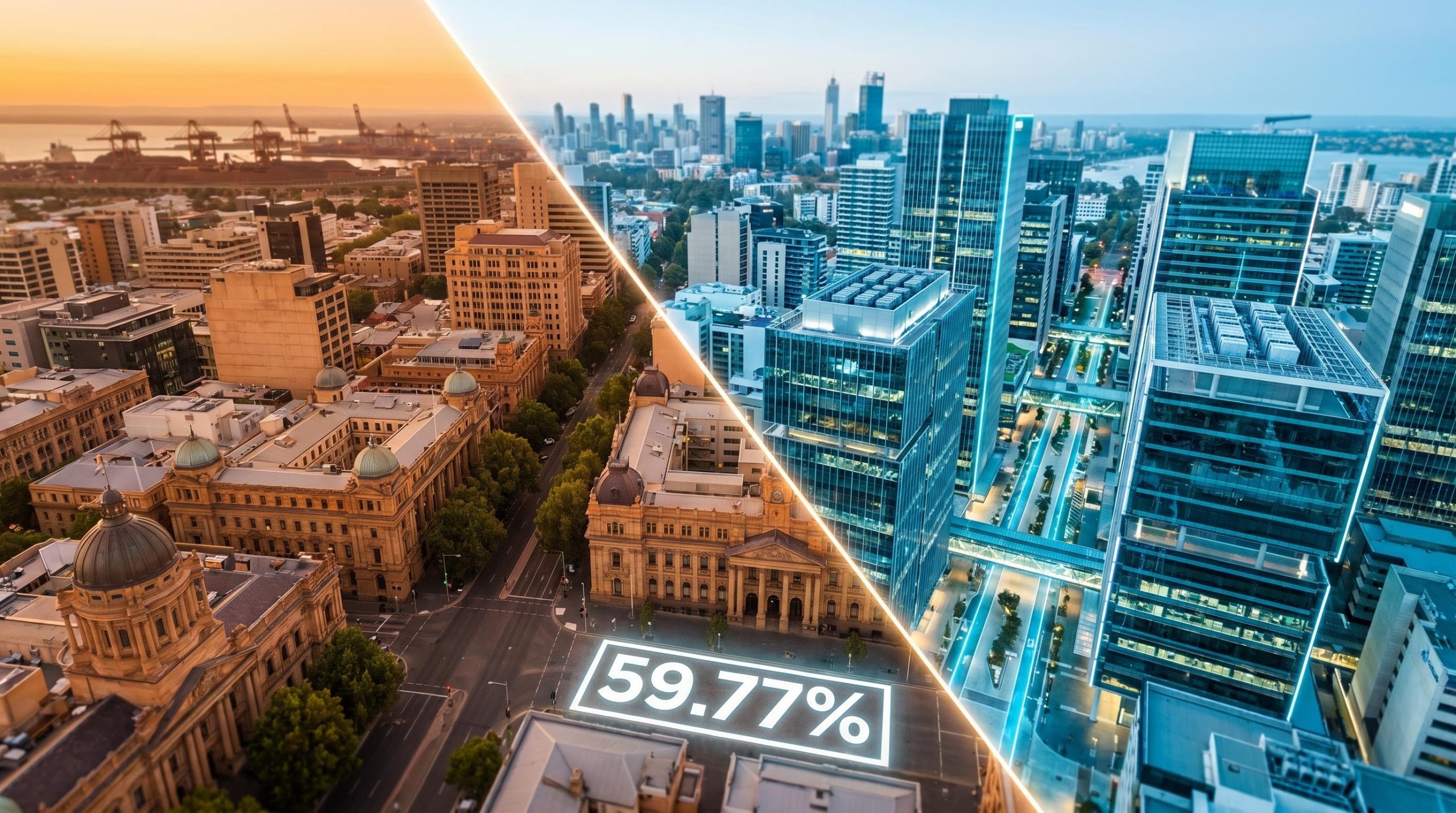 Split aerial view of ASX financial district vs Nasdaq tech precinct, showing NDQ ETF's 59.77% IT sector weight