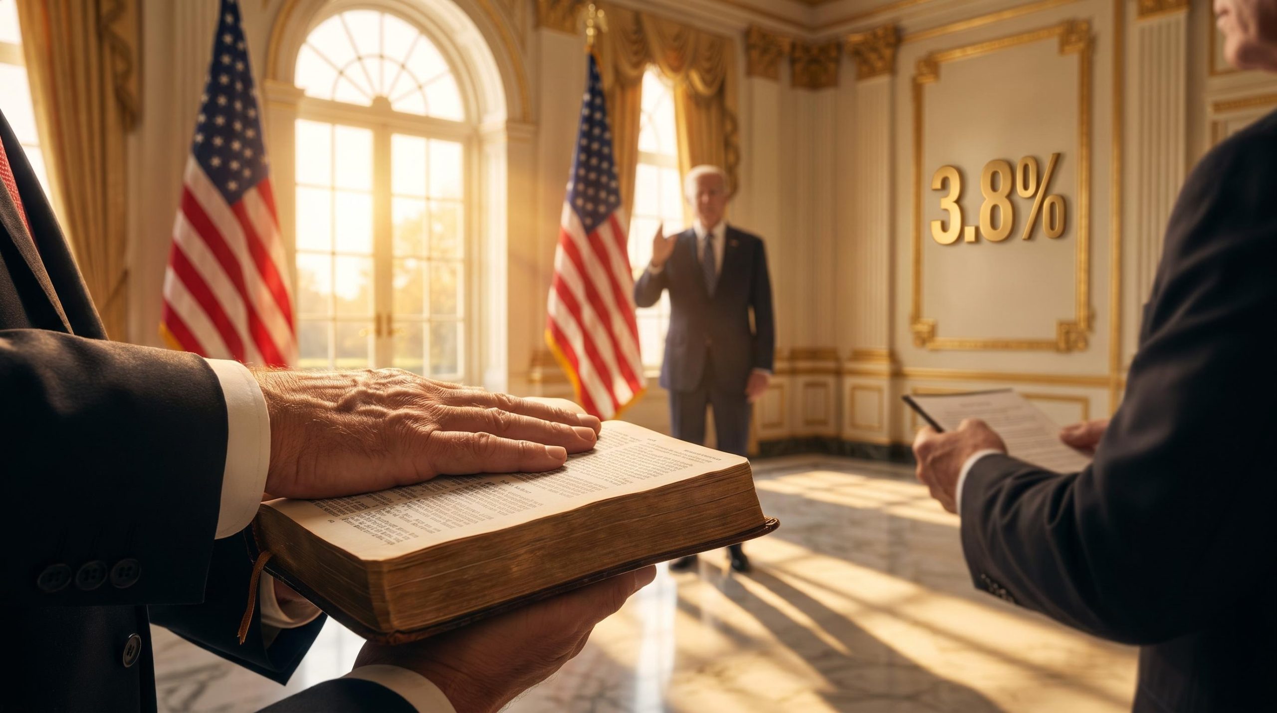 Kevin Warsh sworn in as Fed Chair 17 with hand on Bible, "3.8%" inflation figure looming in White House ceremony